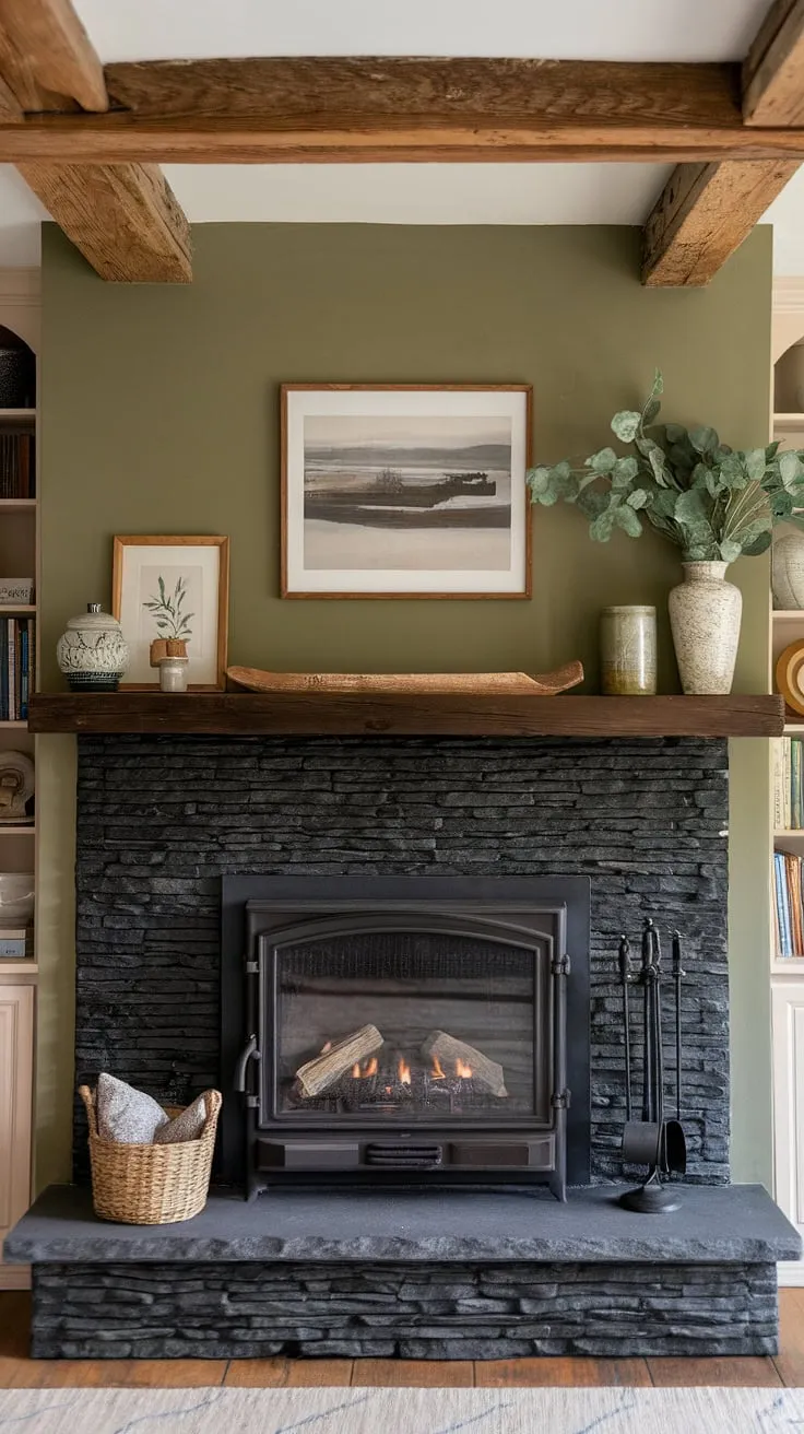 The inviting living room showcases a black brick fireplace with a gas surround, a dark color mantle, and a green wall, blending modern farmhouse style with unique mantle decor and cottage charm.