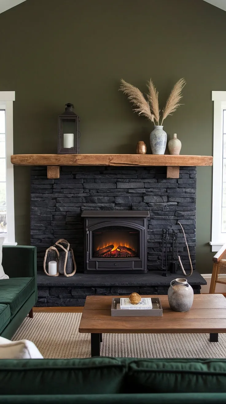 This modern farmhouse living room features a striking black stack stone fireplace with a green wall backdrop, complemented by unique mantle decor and a cozy cottage electric fireplace, perfect for inspiring living room fireplace ideas.