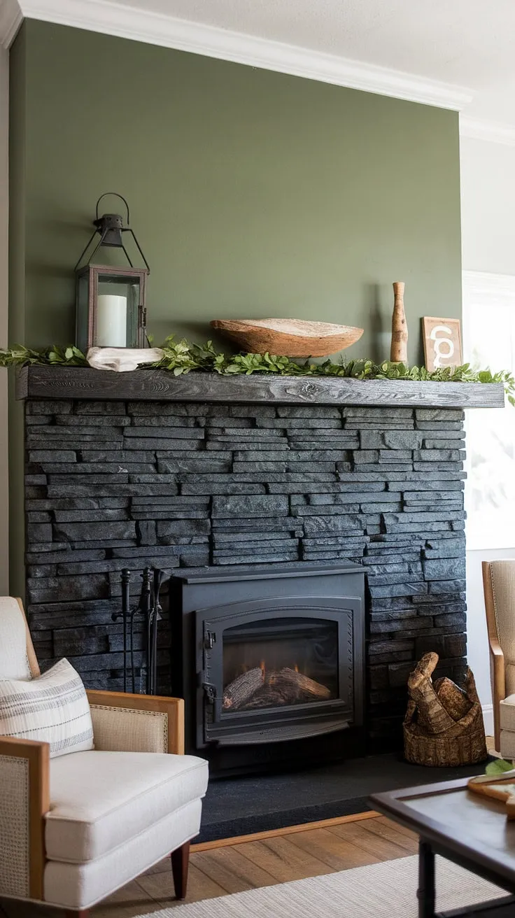 This modern farmhouse living room features a striking black stack stone fireplace with unique mantle decor against a vibrant green wall, complemented by a cozy cottage electric fireplace and stylish living room fireplace ideas.