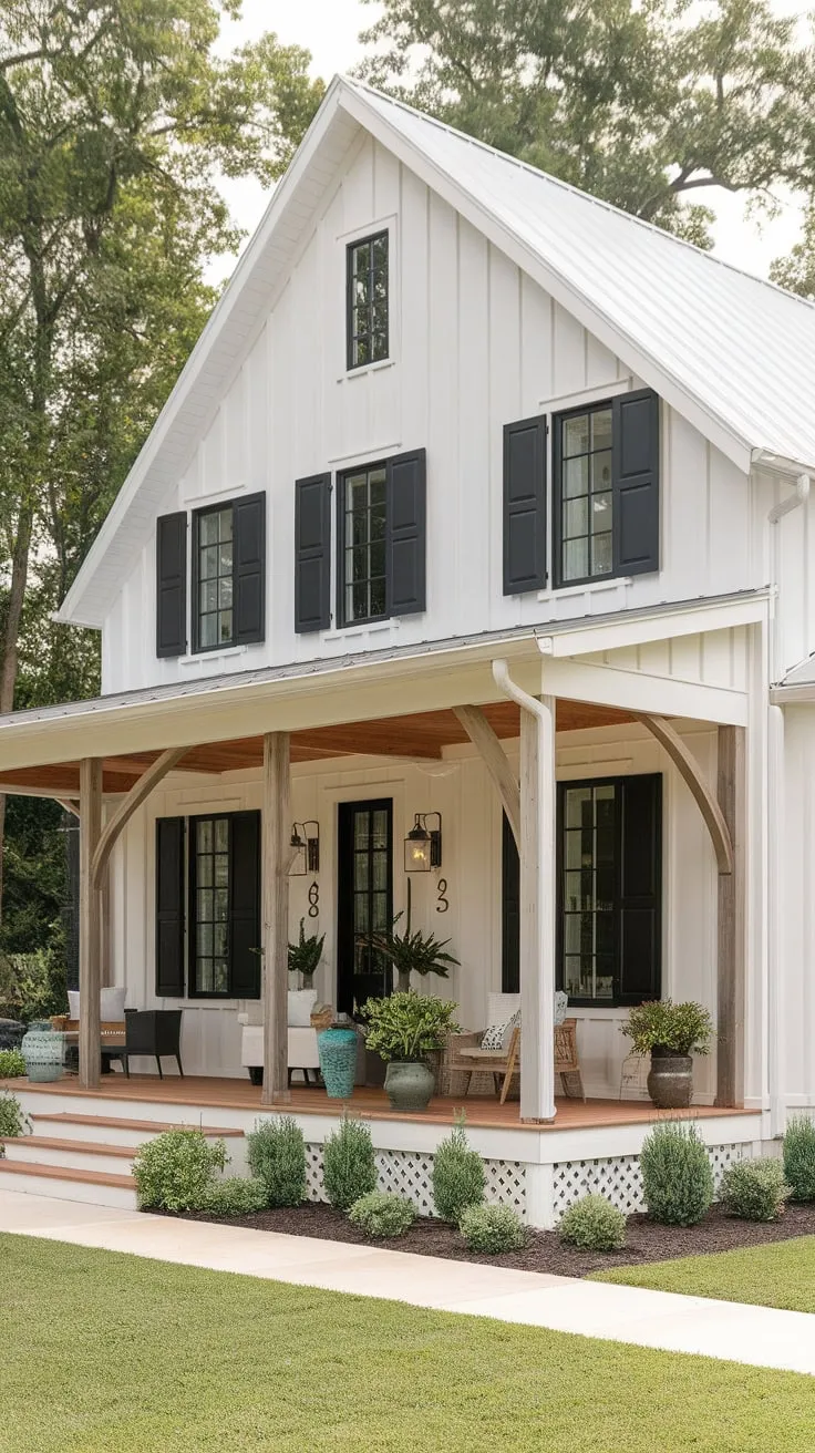 Stylish White Farmhouse Embracing Nature on a Cozy Porch