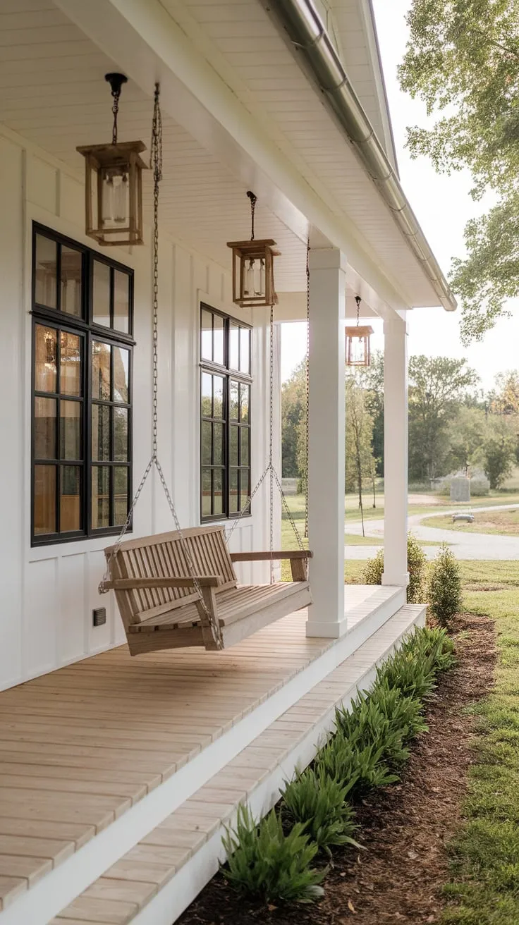 Serene White Farmhouse Porch Featuring a Cozy Swing