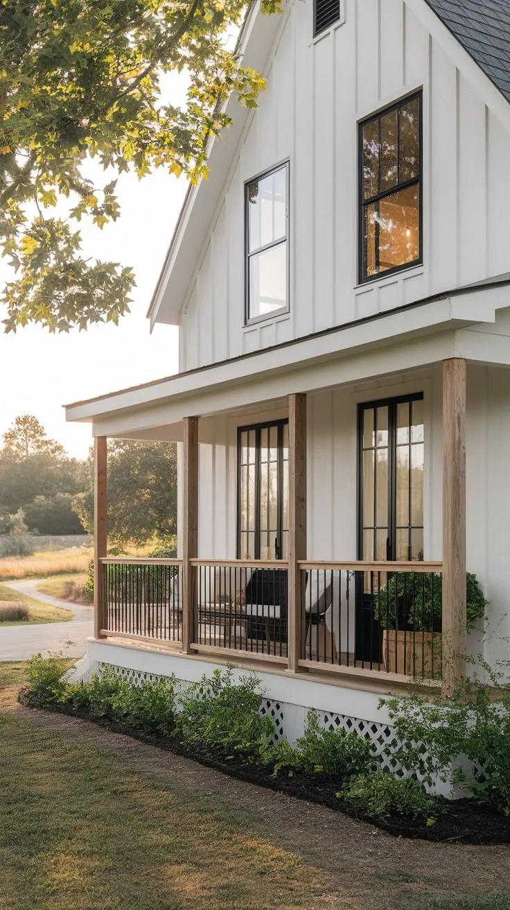 Serene White Farmhouse with Inviting Porch and Lush Surroundings