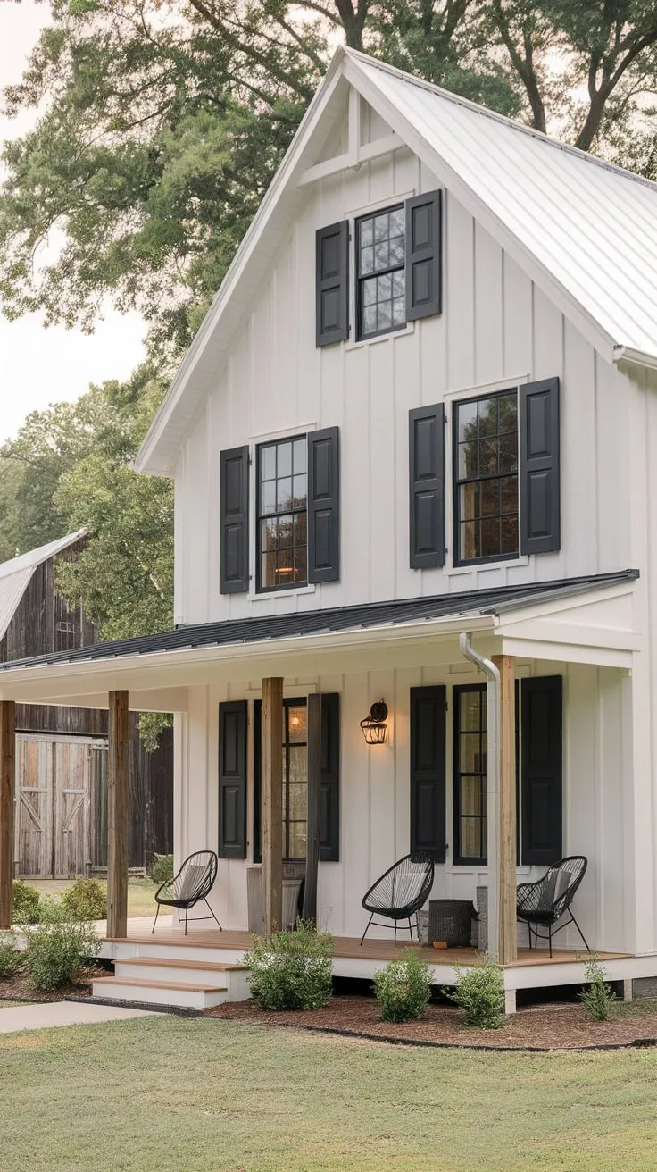 Stylish White Farmhouse Featuring a Cozy Porch Retreat