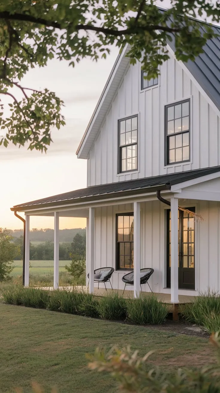 Serene White Farmhouse with Inviting Porch and Lush Surroundings
