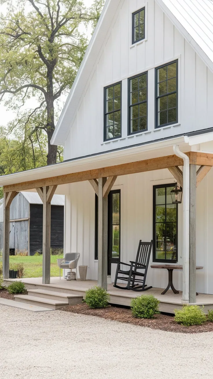 Cozy White Farmhouse with Rocking Chair and Barn View