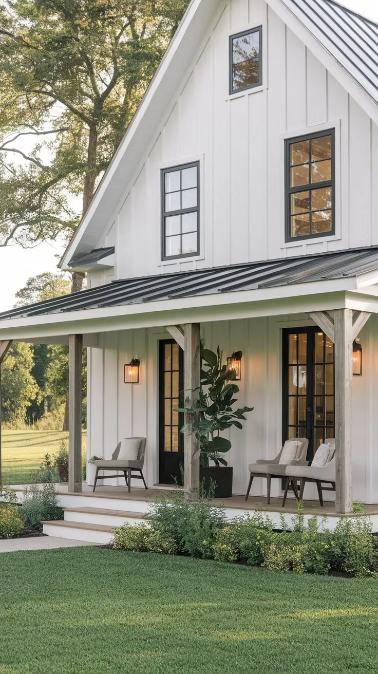 Cozy White Farmhouse with Black Accents and Lush Greenery