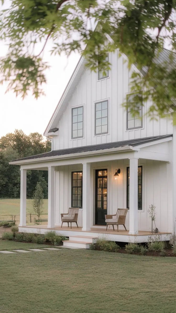 Serene White Farmhouse with Inviting Porch and Lush Views