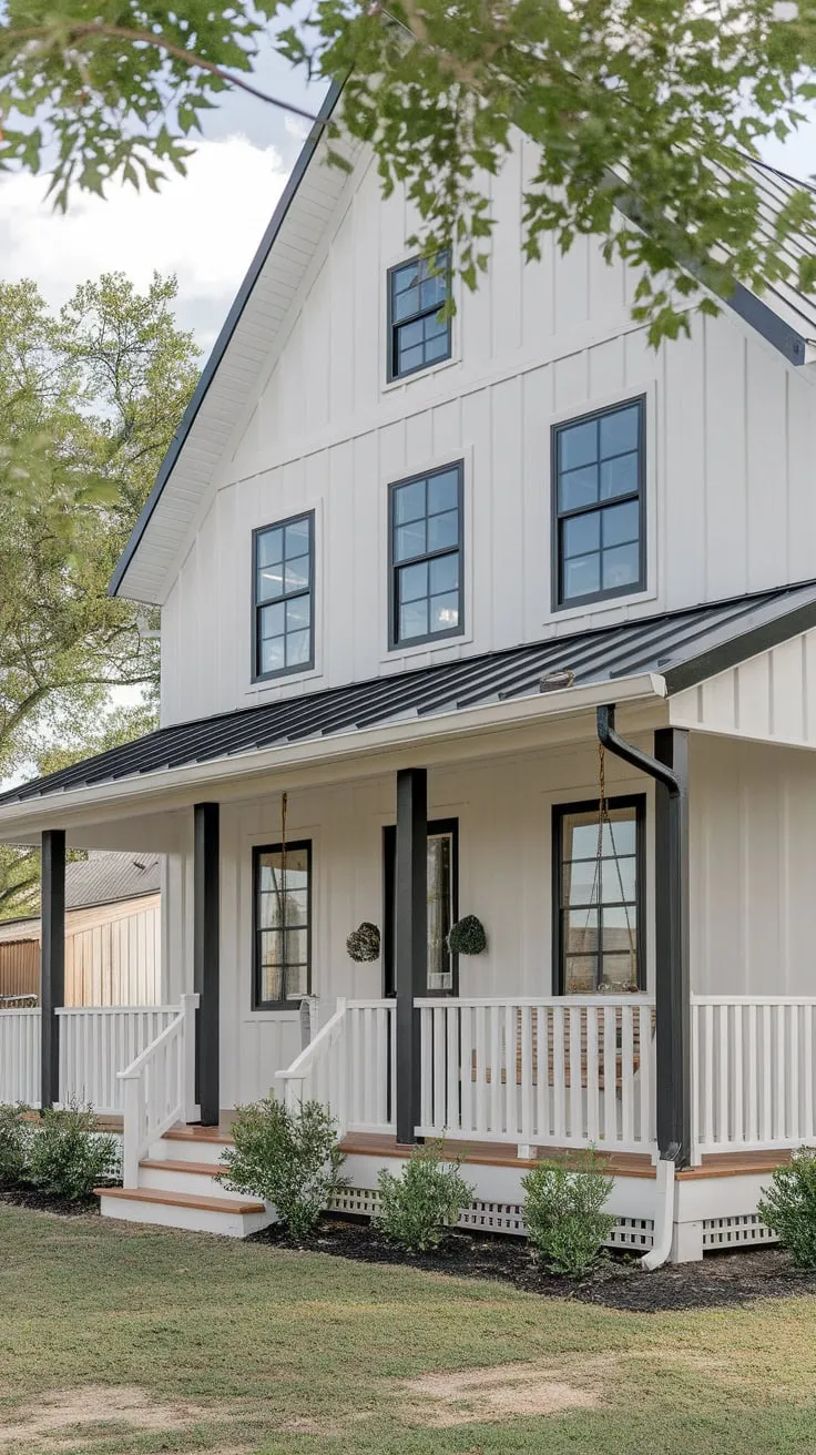 Charming Modern Farmhouse Porch with Swing and Greenery