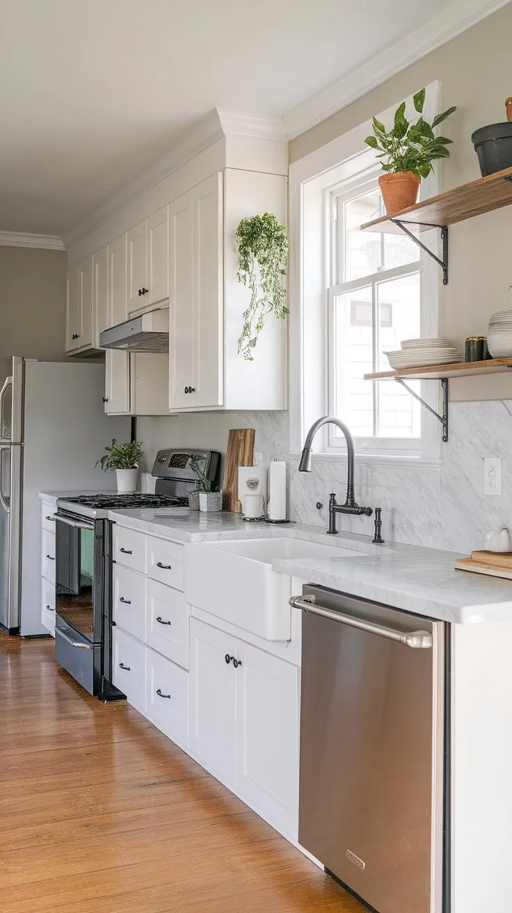 This stunning modern farmhouse kitchen renovation features white cabinets, a marble countertop, and a farmhouse sink, offering endless kitchen inspiration for your forever home remodel ideas.