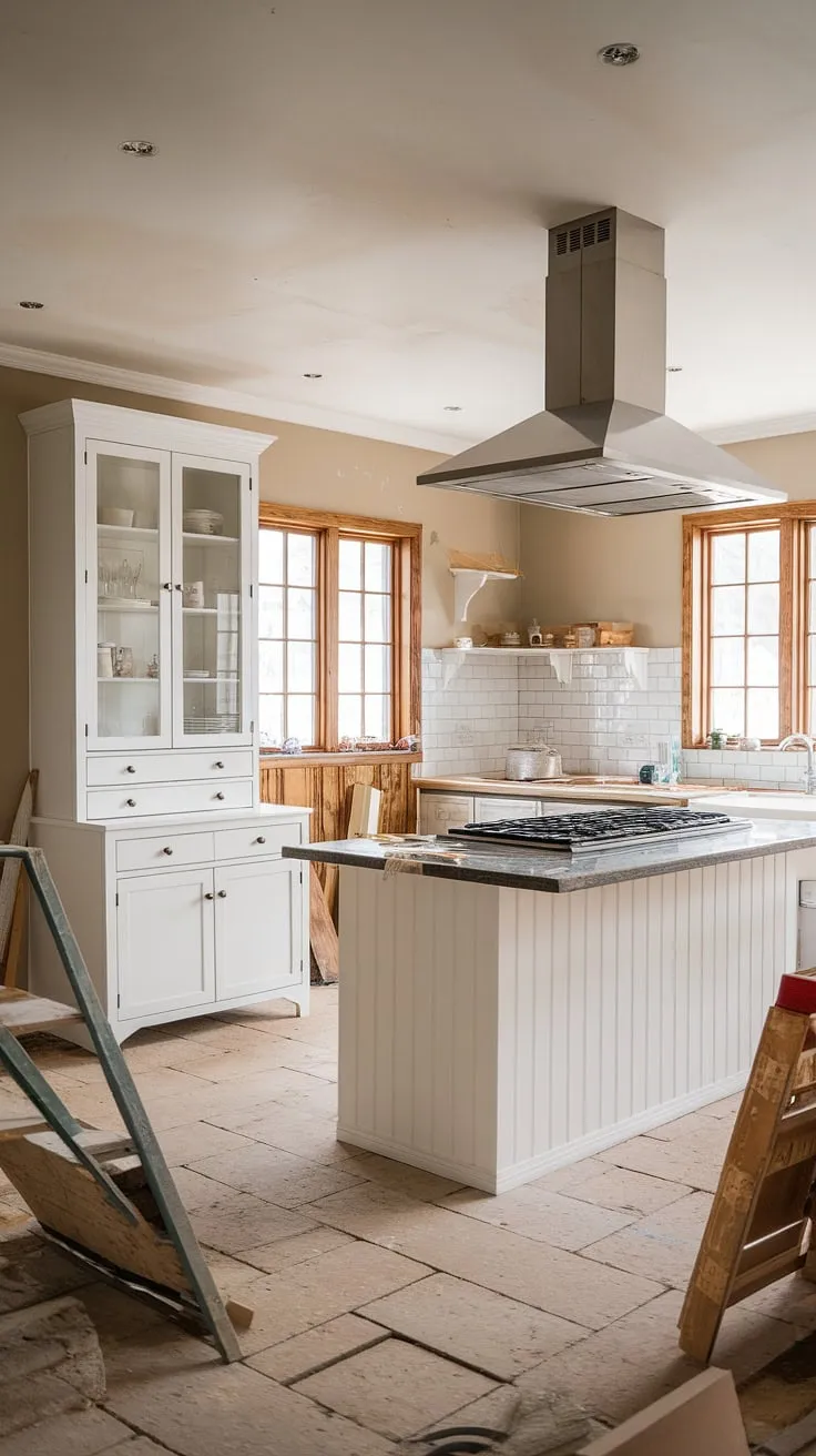 Capturing the essence of a modern farmhouse, this kitchen remodel features a stylish white island and stainless steel accents, perfect for those seeking house inspiration in their home renovation journey.