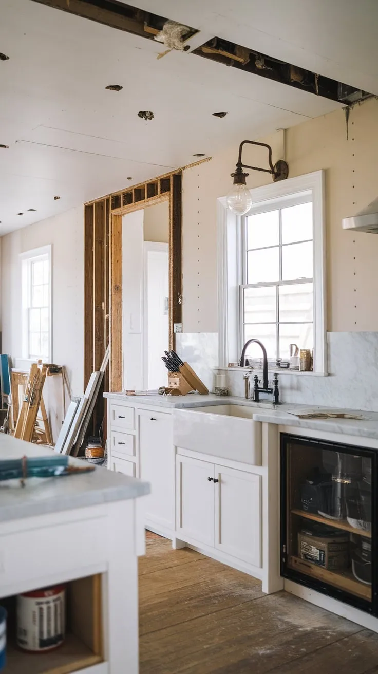This modern farmhouse kitchen renovation showcases stunning white cabinets, a marble countertop, and a vintage light fixture, offering inspiring ideas for your forever home remodel.