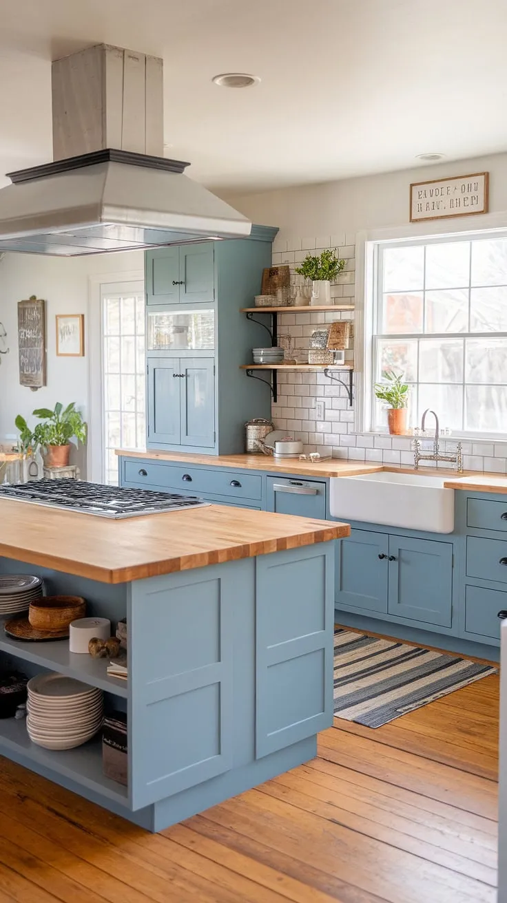 This stunning modern farmhouse kitchen renovation showcases a large island, butcher block countertops, and blue cabinets, offering endless kitchen inspiration for your forever home remodel ideas.