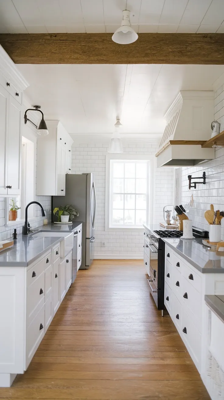 This bright and clean modern farmhouse kitchen, featuring white cabinets and gray countertops, serves as perfect kitchen inspiration for your forever home renovation or house remodel.