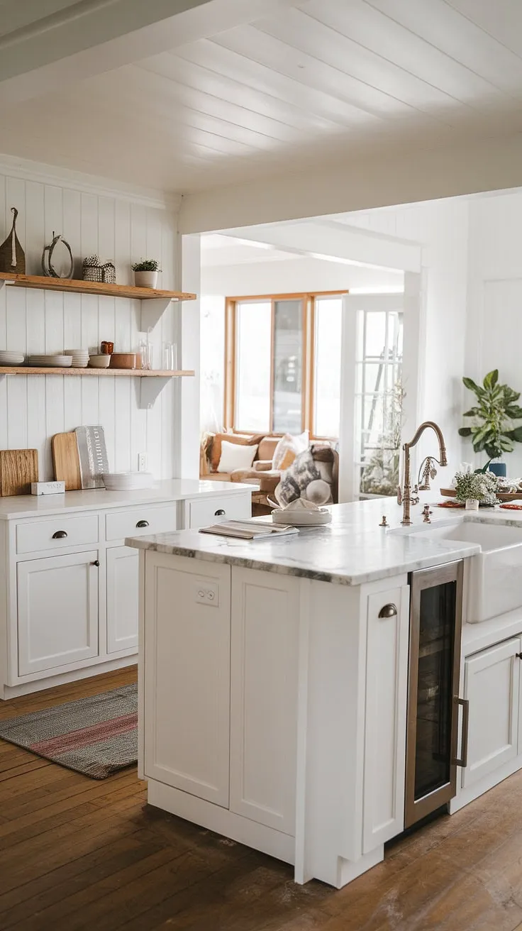 This stunning modern farmhouse kitchen renovation showcases a white island with a marble countertop, offering endless kitchen inspiration for your forever home remodel ideas.