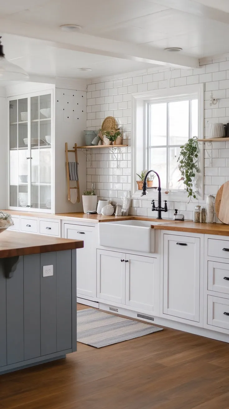 This stunning modern farmhouse kitchen showcases a perfect blend of white cabinets, a gray island, and rustic decor, offering endless kitchen renovation inspiration for your forever home.