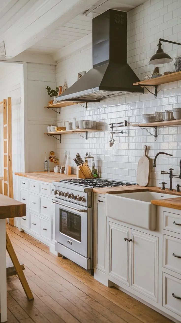 With its white cabinets, butcher block countertop, and farmhouse sink, this kitchen renovation exemplifies the ideal house inspiration for a new build or house remodel.