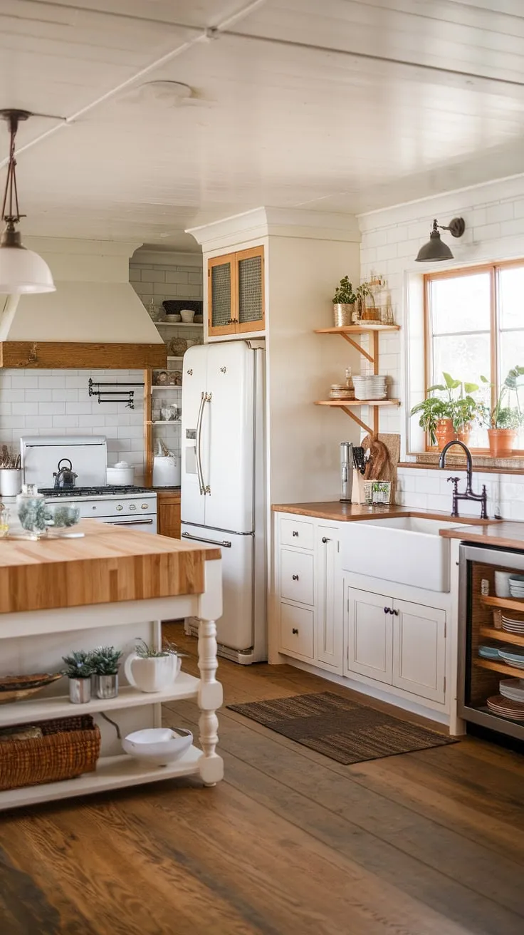 With its inviting mix of wood and white cabinets, a spacious island, and farmhouse sink, this kitchen is a beautiful example of remodel ideas for a new build or home renovation.