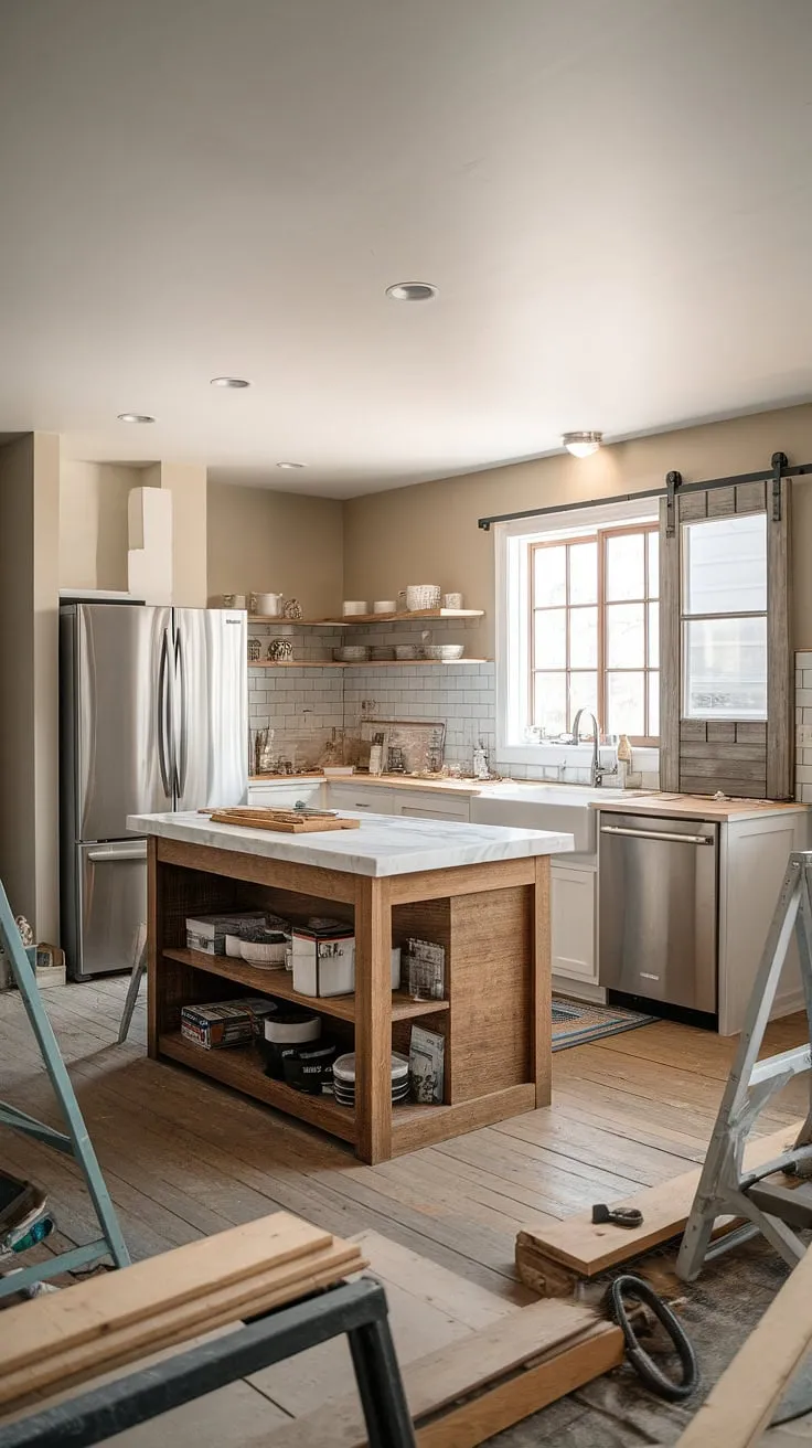 Capturing the essence of a modern farmhouse, this kitchen remodel features a beautiful wooden island, marble countertops, and barn door windows, making it a perfect source of inspiration for your home renovation or new build.