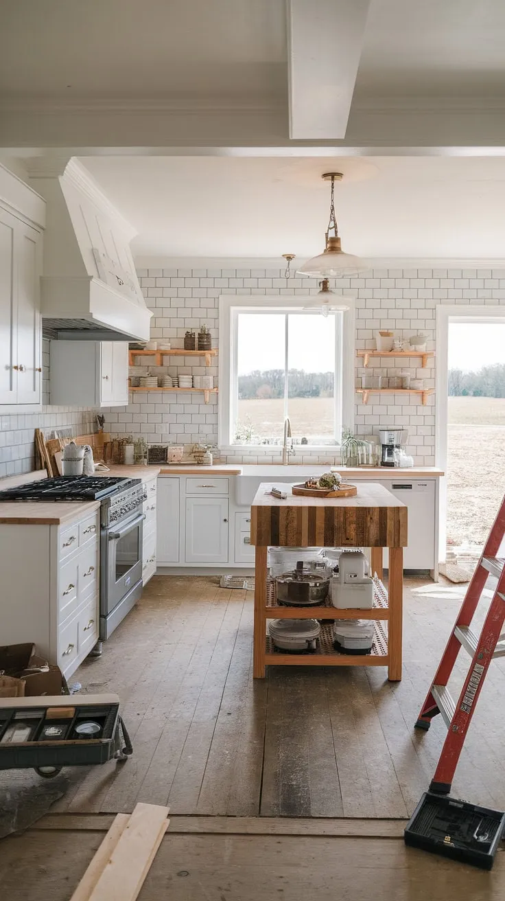 Capturing the essence of a new build, this modern farmhouse kitchen renovation features white cabinets and a butcher block island, serving as perfect house inspiration for your dream kitchen remodel.