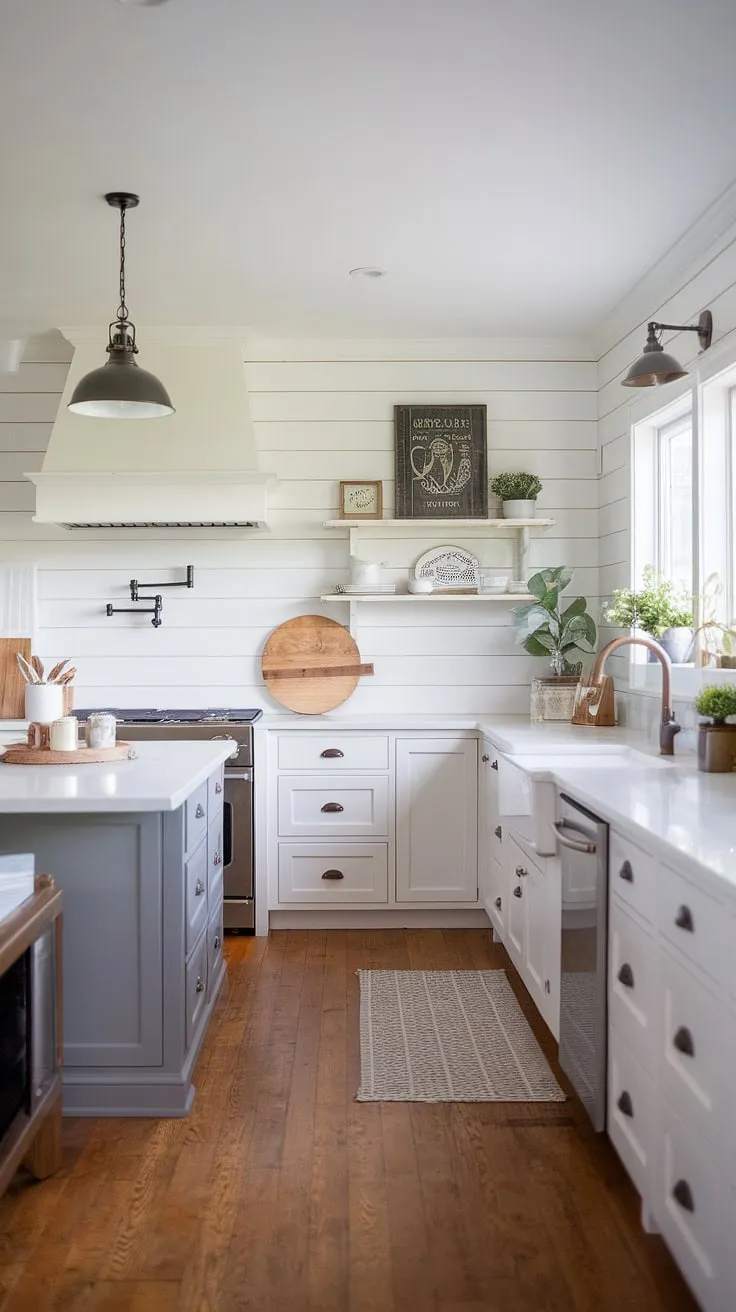 This stunning modern farmhouse kitchen showcases inspiring remodel ideas with white cabinets, a grey island, and charming decor, perfect for a forever home renovation.