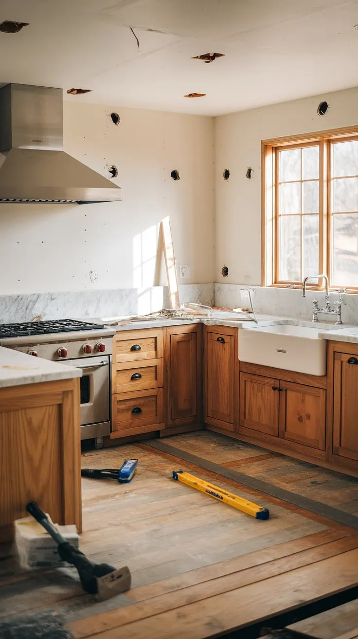 This modern farmhouse kitchen renovation showcases stunning wooden cabinets and marble countertops, offering endless kitchen inspiration for your forever home remodel ideas.