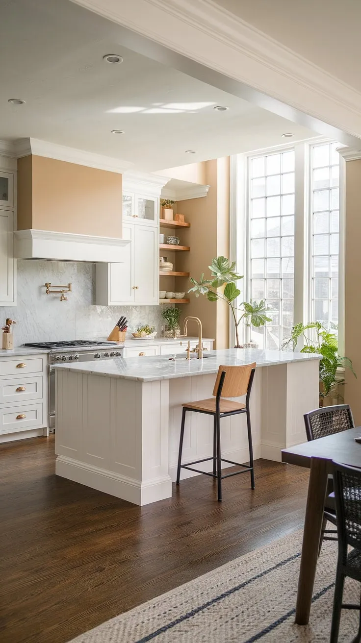 This stunning modern farmhouse kitchen renovation features white cabinets, a marble countertop, and a spacious island, offering endless kitchen inspiration for your forever home remodel ideas.