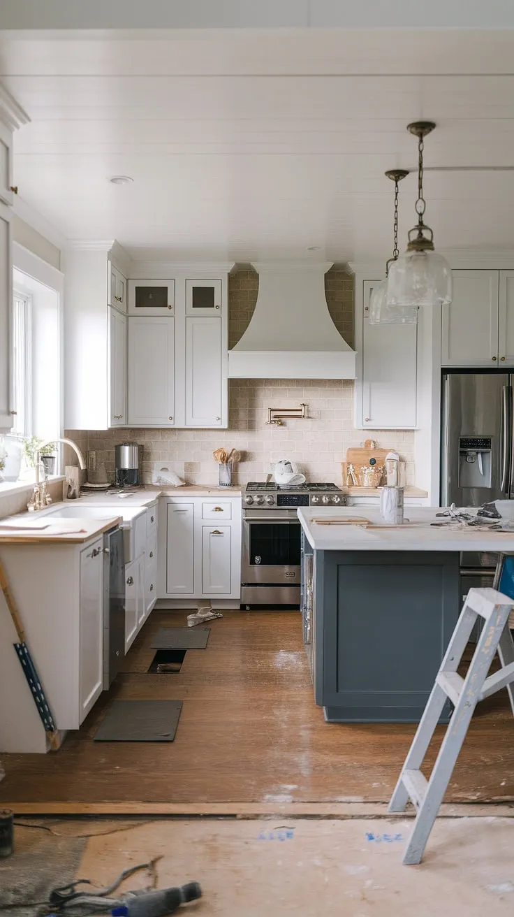 Capturing the essence of a modern farmhouse, this kitchen remodel features elegant white cabinetry and a stylish dark grey island, perfect for your home renovation and new build inspiration.