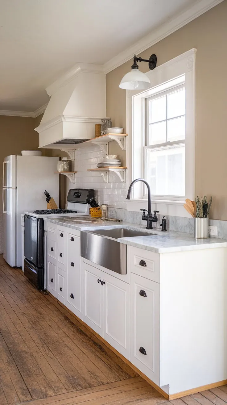 This stunning modern farmhouse kitchen renovation showcases white cabinets, a marble countertop, and stylish fixtures, offering endless kitchen inspiration for your forever home remodel ideas.