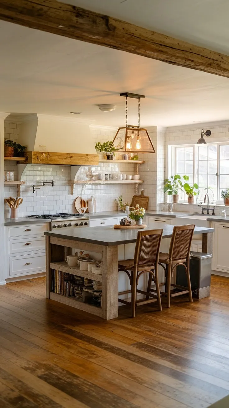 This modern farmhouse kitchen, featuring rustic wood elements, white cabinets, and grey countertops, serves as the perfect kitchen inspiration for your forever home renovation or house remodel.