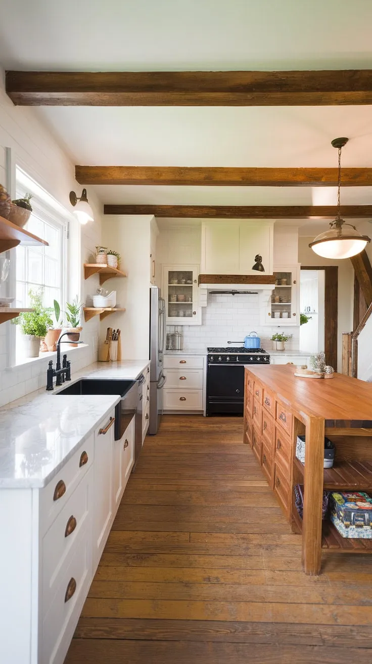 With its inviting design of wooden beams and potted plants, this kitchen remodel showcases stunning ideas for a new build or home renovation that embodies modern farmhouse charm.