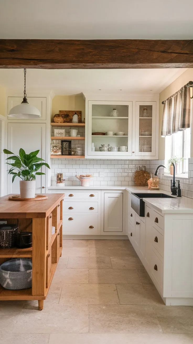 With its inviting design featuring a wooden beam ceiling and chic black sink, this modern farmhouse kitchen is a dream come true for anyone seeking kitchen remodel ideas in their new build or house renovation.