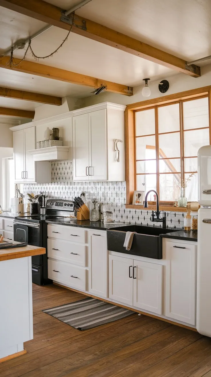 This stunning modern farmhouse kitchen renovation showcases white cabinets, a black countertop, and patterned tile, offering endless kitchen inspiration for your forever home remodel ideas.