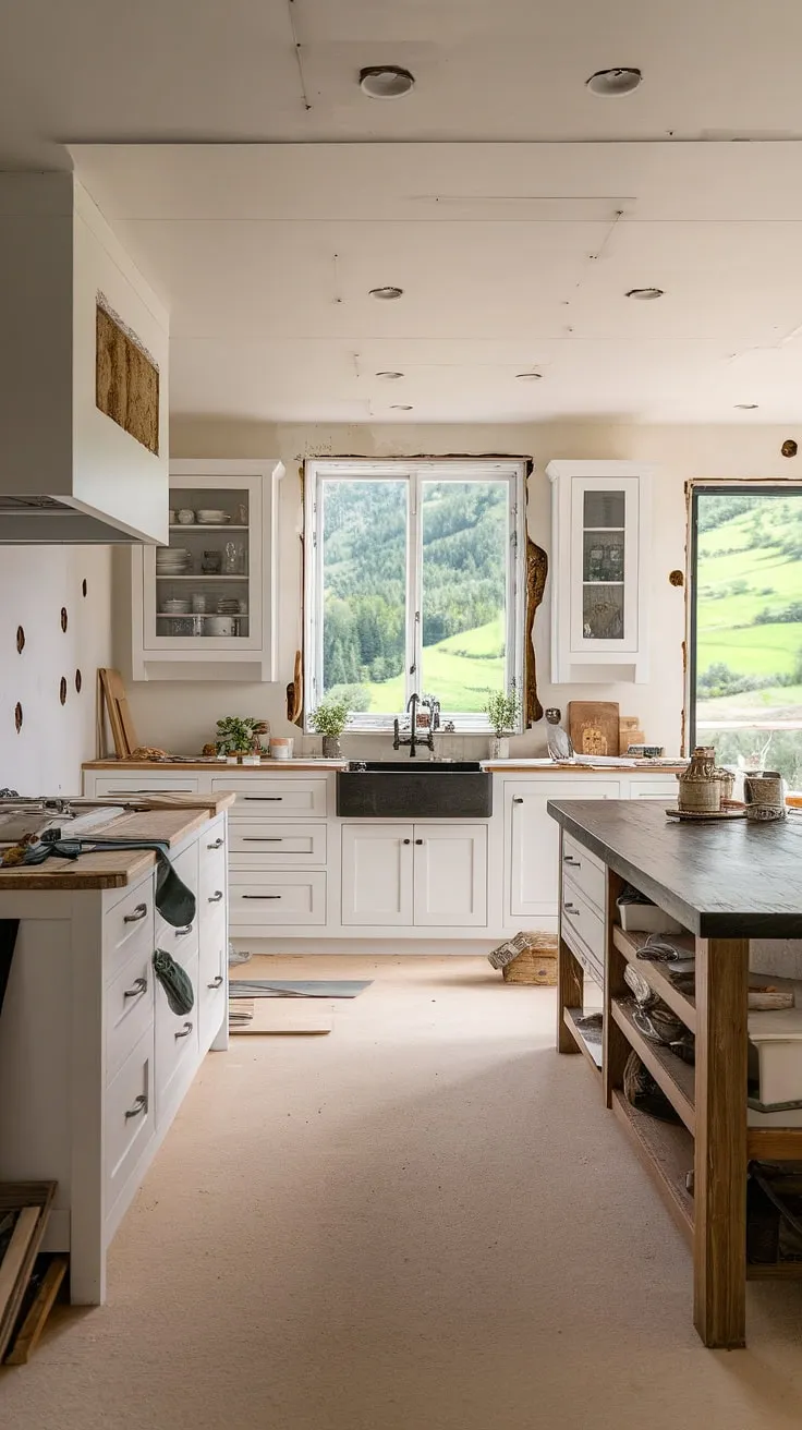 Amidst the ongoing kitchen remodel, this modern farmhouse kitchen offers a glimpse of house inspiration with its white cabinetry, dark wood island, and picturesque hillside view.