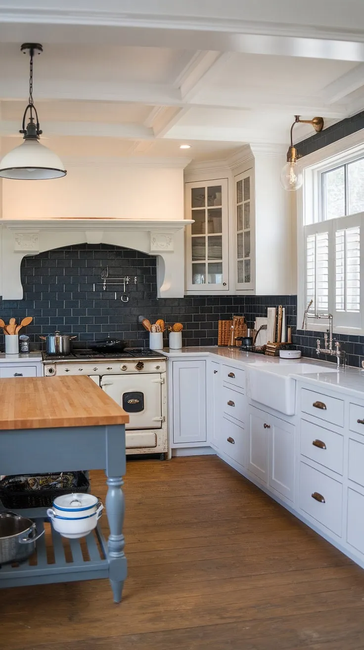 With its vintage range, farmhouse sink, and oak flooring, this modern farmhouse kitchen is the perfect blend of style and functionality for any house remodel or new build.