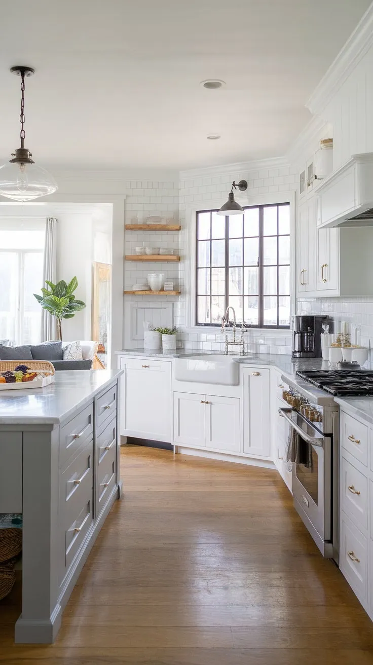 This stunning modern farmhouse kitchen renovation features white cabinets, a gray marble island, and a cozy living space, offering endless kitchen inspiration for your forever home remodel ideas.