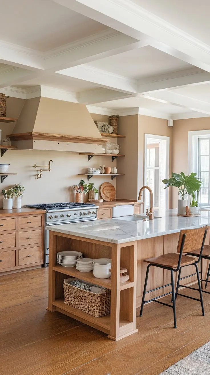 Featuring a blend of wood and marble, this modern farmhouse kitchen remodel is the perfect house inspiration for your next home renovation or new build project.