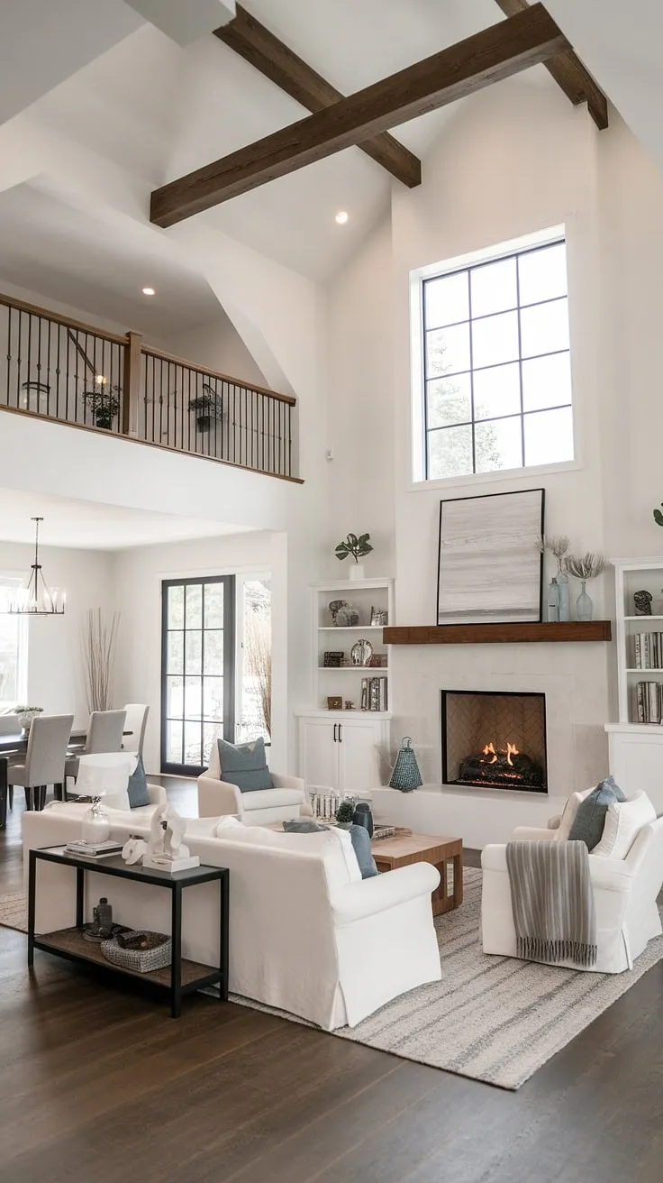 This modern farmhouse living room features a vaulted ceiling and big fireplace, harmoniously connecting to an open floor plan dining area with minimalist decor and large windows.