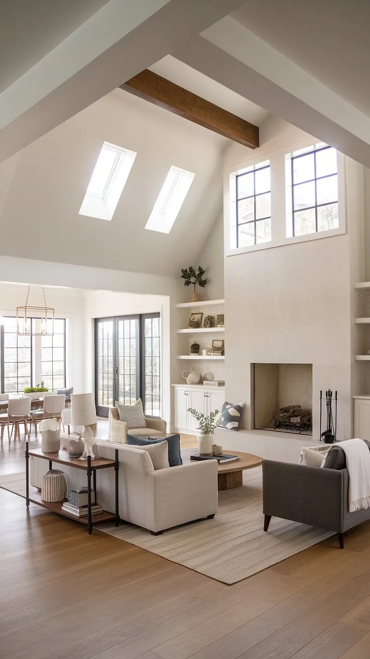 A stunning modern farmhouse living room showcases an open floor plan with a vaulted ceiling, a big fireplace framed by windows, and minimalist decor that flows into the dining area.