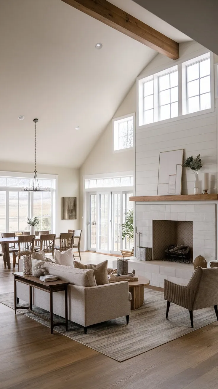 The spacious modern farmhouse living room showcases an open concept design with a vaulted ceiling, a big fireplace framed by windows, and minimalist decor uniting the living and dining spaces.