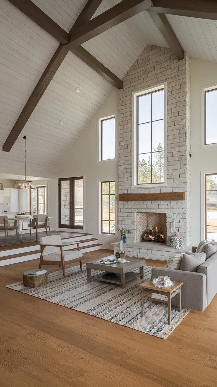 This modern farmhouse living room showcases an open floor plan with a vaulted ceiling, a big stone fireplace with windows, and minimalist decor, creating a stylish connection to the adjacent dining area.