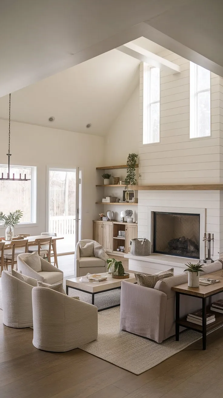 The spacious open concept decor of this modern farmhouse living room showcases a vaulted ceiling, a big fireplace with windows, and minimalist furnishings that blend the living room and dining room beautifully.