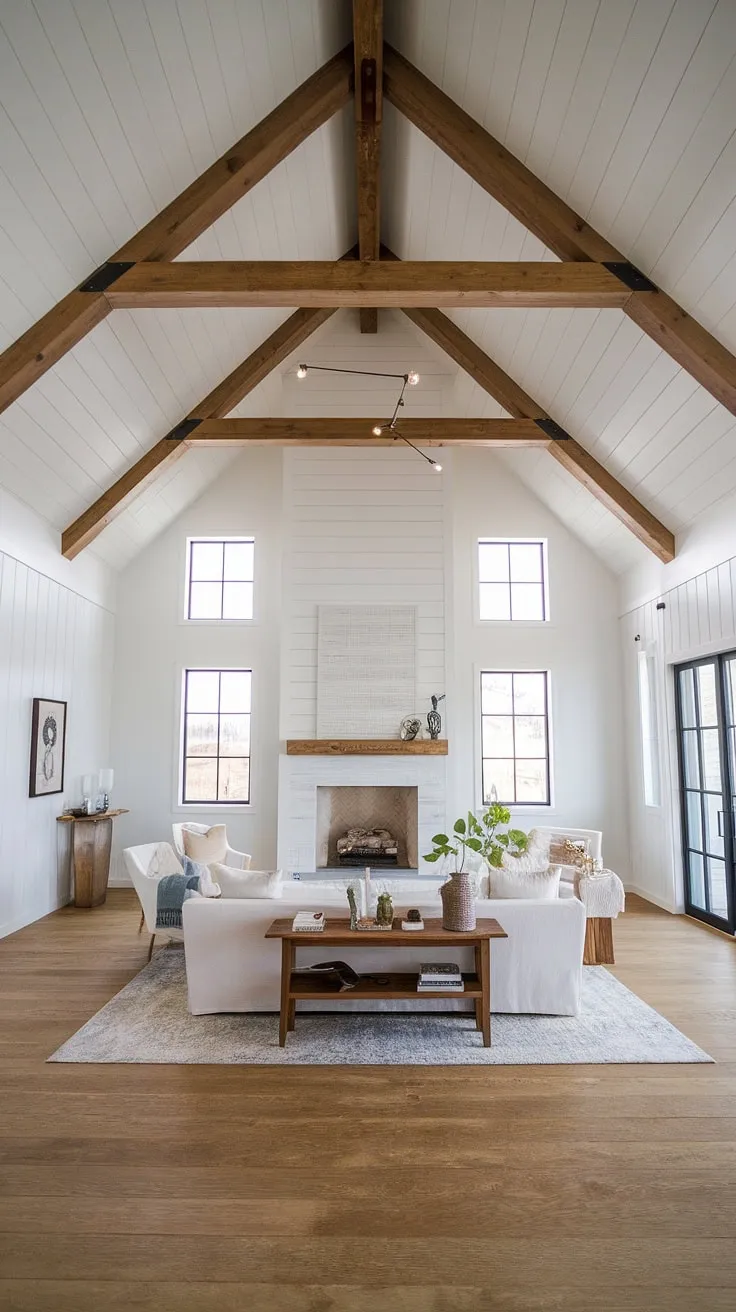 This modern farmhouse living room features a vaulted ceiling, a big fireplace with windows, and an open floor plan that beautifully integrates minimalist decor with the dining area.