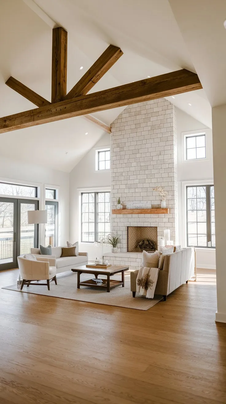 Featuring a vaulted ceiling and a big fireplace with windows, this modern farmhouse living room exemplifies open concept decor with its minimalist design and seamless flow into the dining area.