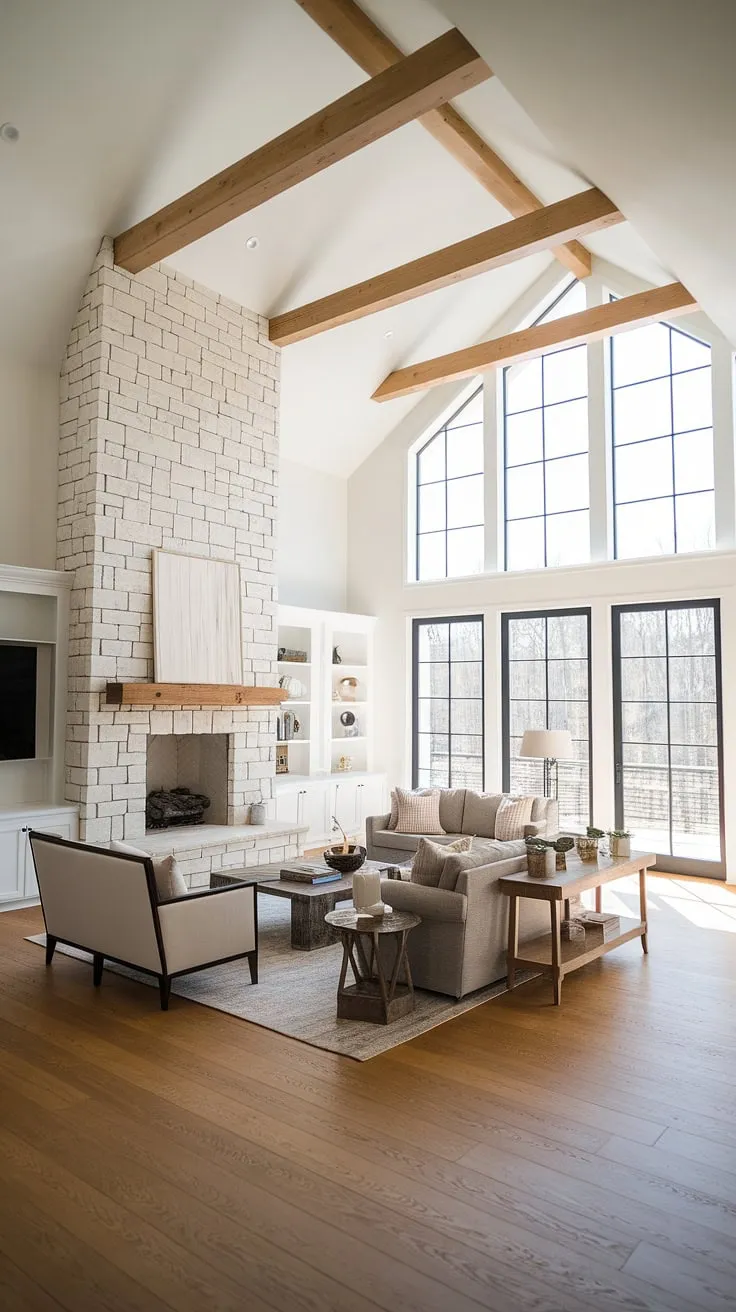 Featuring a vaulted ceiling and a big fireplace with windows, this modern farmhouse living room exemplifies open floor plan living with minimalist designs and a seamless flow into the dining area.