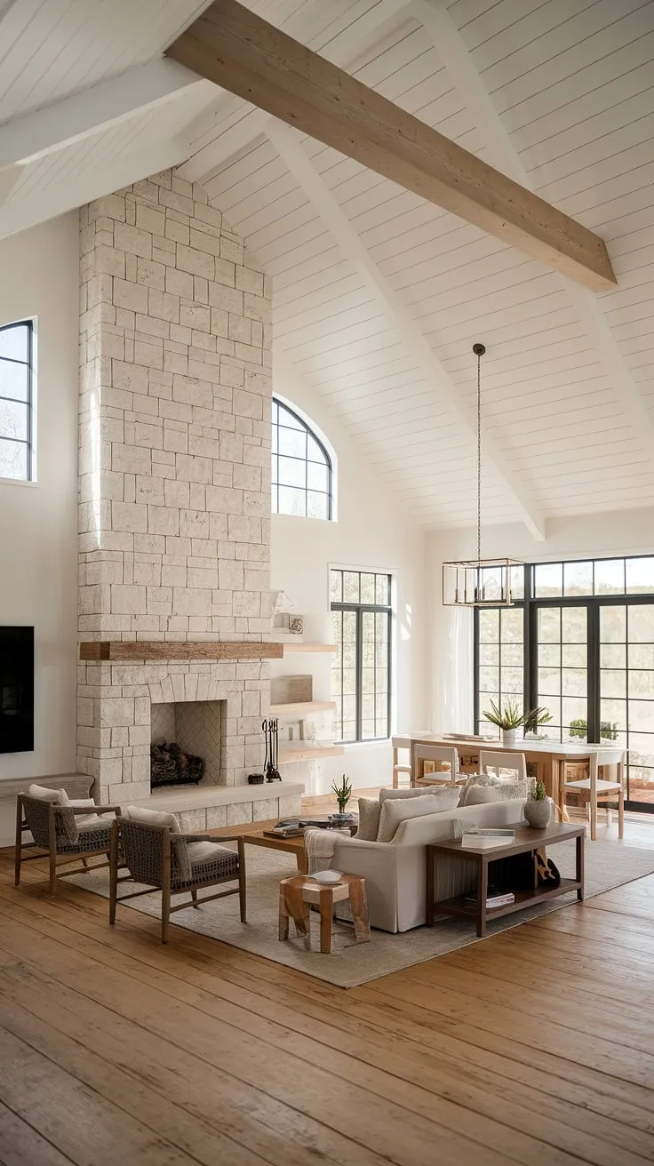 This modern farmhouse living room features an open floor plan with a vaulted ceiling, a big stone fireplace with windows, and minimalist decor that connects the living and dining areas.