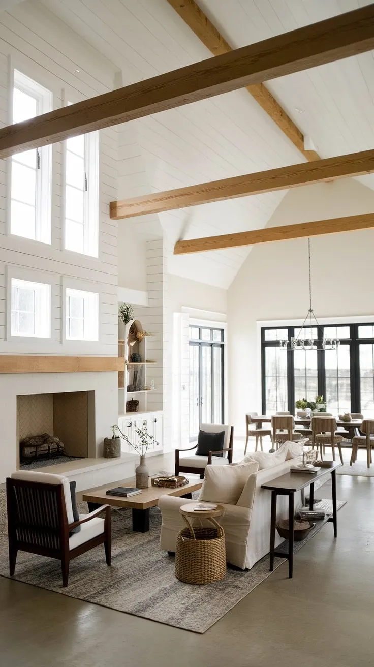 This modern farmhouse living room showcases an open floor plan with a vaulted ceiling, a big fireplace with windows, and minimalist decor that flows into the dining area.