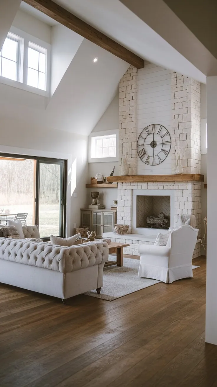 With its vaulted ceiling and big fireplace framed by windows, this modern farmhouse living room showcases an open concept design that blends minimalist decor with a cozy atmosphere.