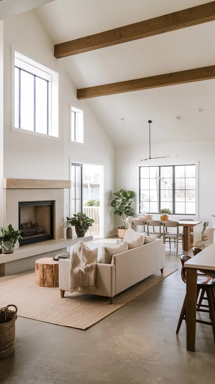 With its vaulted ceiling, big fireplace, and open concept decor, this modern farmhouse living room showcases a minimalist design that harmonizes the living and dining spaces.