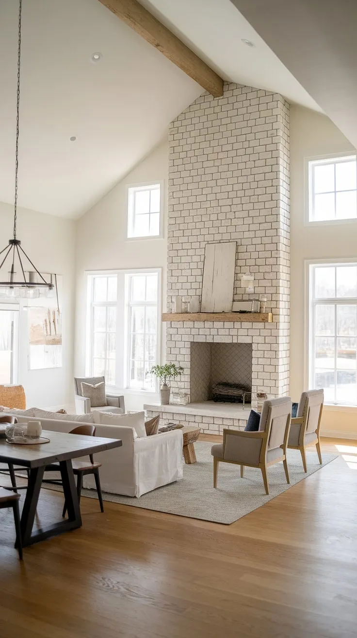 This modern farmhouse living room showcases an open floor plan with a vaulted ceiling, a big stone fireplace with windows, and minimalist decor that harmonizes the open living room and dining room.