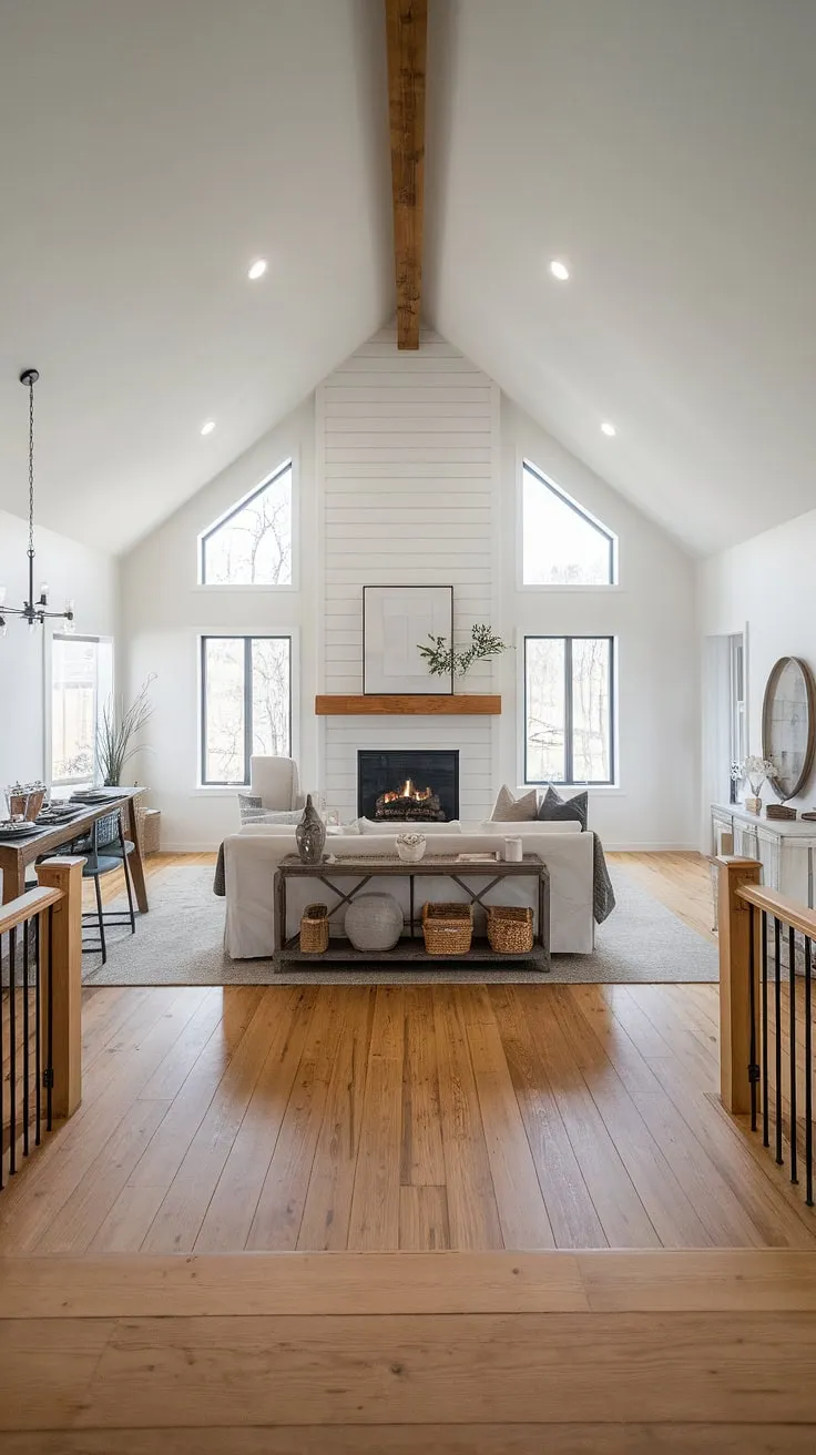 This modern farmhouse living room showcases an open concept design with a vaulted ceiling, a big fireplace with windows, and minimalist decor, creating a harmonious space that connects the living and dining areas.
